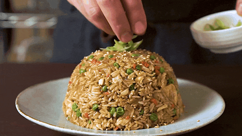 Adding Green Onions On Top Of Fried Rice Two Plaid Aprons GIF