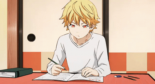 Anime character studying at a desk with a pen and notebook.