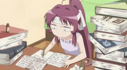 Anime girl studying at desk, then riding bike with book, then falling.