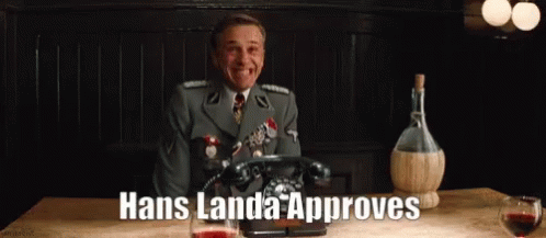 Approved Ingloriuous Bastards GIF. This 498 x 217 animated GIF is part of our hans landa collection. Created by RampageKing11. View the original animation…