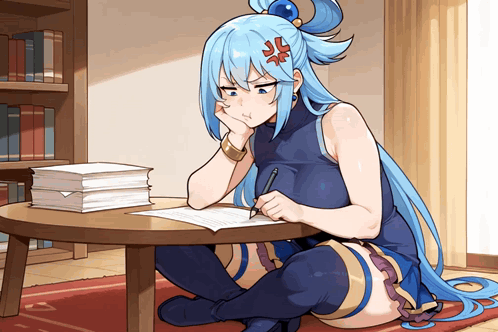 Anime girl collapses at desk as papers fly up around her.