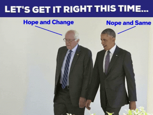 Two men in suits walking side by side with changing text banners above them.