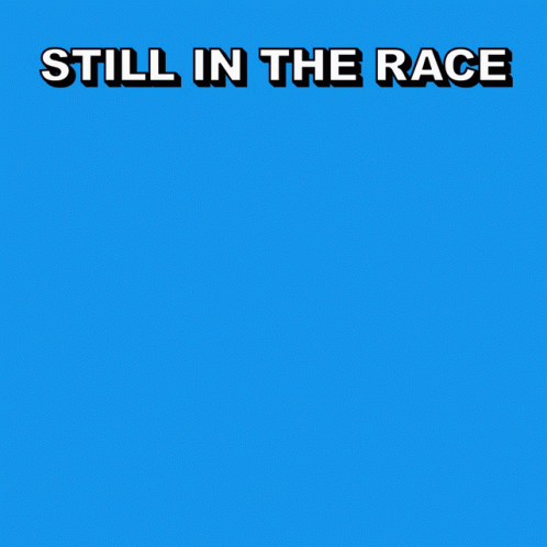 Text animation listing policy priorities under 'STILL IN THE RACE' with icons.