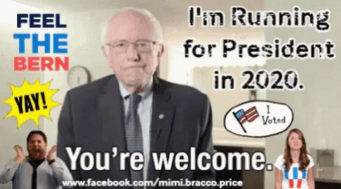 Man in suit speaking with campaign graphics and text changing slightly