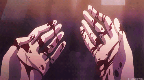 Bloody Hands But Looks Up Confused GIF