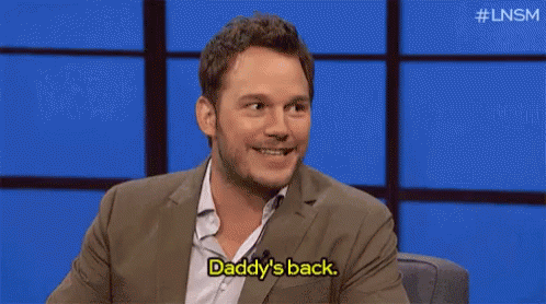 Chris Pratt Daddys Back GIF. This 498 x 278 animated GIF is part of our im back bitches collection. Related themes include im back. Created by jivs4osu…