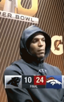 Man in hoodie sitting, looking down then up, with changing on-screen graphics.