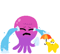 Crying Octopus With Starfish Under Umbrella Sticker