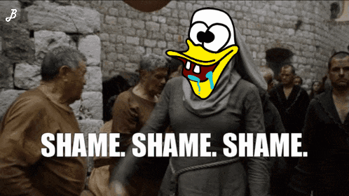 Duxtoken Bobithememelord GIF. This 498 x 280 animated GIF is part of our shame game of thrones collection. Related themes include crypto, duck, meme…