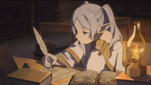 Anime girl with silver hair studying at a desk with a lamp.