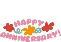 Happy Anniversary Red And Yellow Flowers Between Happy Anniversary In Pink Bubble Letters Sticker