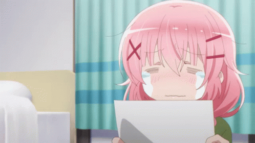 Pink-haired anime girl holding paper, mouth moving, X-marked eyes