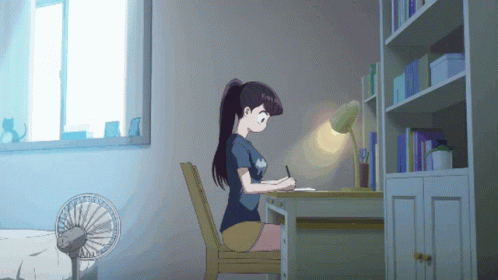 Girl transitions from studying at desk to lying down on bed and sleeping.