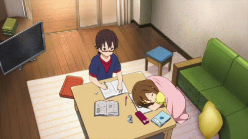 Two people in a room, one studying at a desk, the other sleeping in a chair.