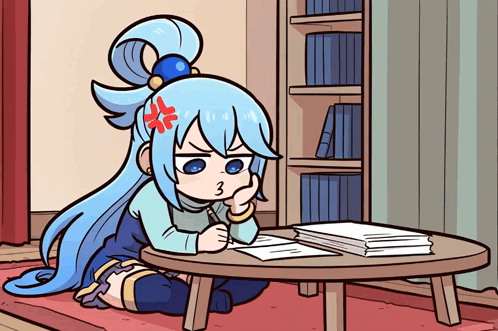 Anime girl studying at desk, then slumps over in frustration while writing.