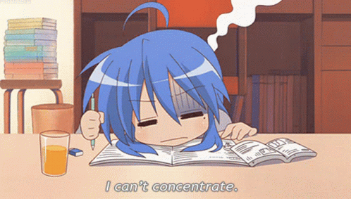 Blue-haired anime girl giving up on studying and resting her head on a keyboard.