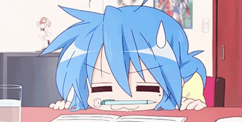 Blue-haired anime character resting head on desk, eyes closed, breathing slowly.