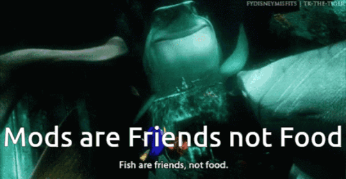 Mods Are Friend Not Food Discord Mod GIF. This 498 x 258 animated GIF is part of our fish are friends not food collection. Created by PhantomLady. View the…