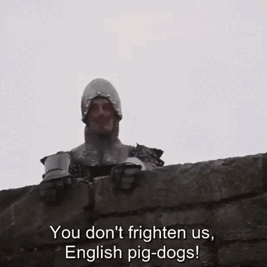 Monty Python And The Holy Grail French Taunting Of Knight Castle I Fart In Your General Direction GIF. This 388 x 388 animated GIF is part of our monty…