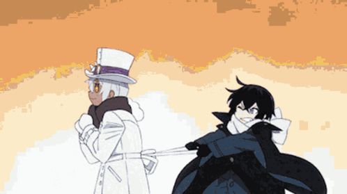 Two anime characters, one in white coat gesturing, the other in black cloak reacting.