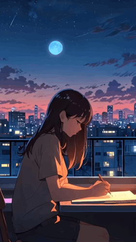 Young woman writing at desk by window with city lights and moving stars in twilight sky.
