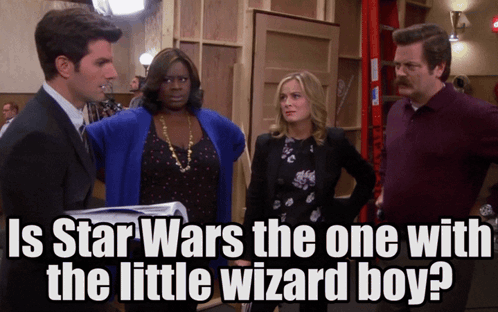 Parks And Rec Is Star Wars The One With The Little Wizard Boy Potter Harry Potter GIF. This 498 x 312 animated GIF is part of our luke skywalking on these…