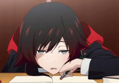 Anime girl resting her head on her hand while looking at a book.