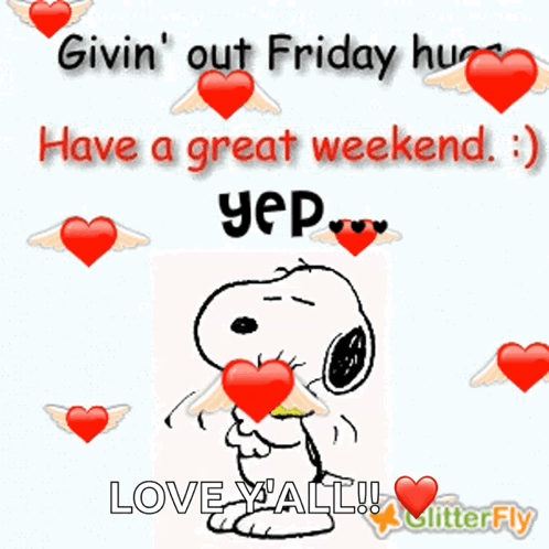 Snoopy Givin Out Friday Hugs GIF. This 498 x 498 animated GIF is part of our immagini buon weekend collection. Related themes include happy friday, have a…