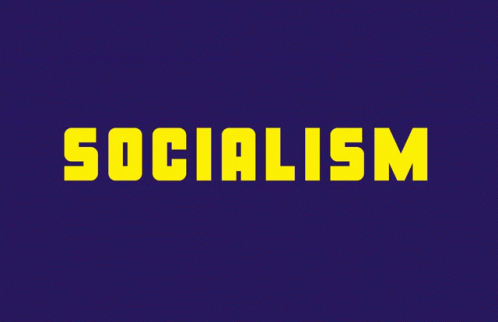 Text animation showing 'SOCIALISM' and 'POVERTY' moving across a grid.