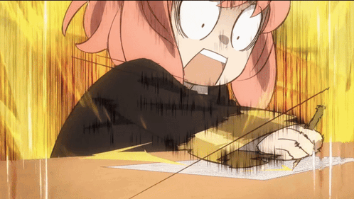 Pink-haired anime character writing at desk, startled by glowing object.