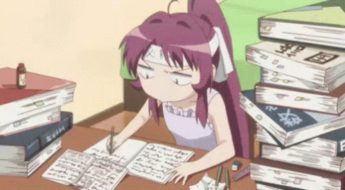 Girl studying at desk with books, then biking outdoors with a book, ending with a red scribble.