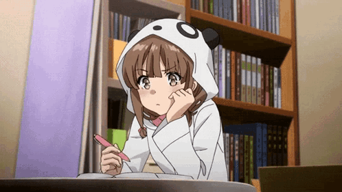 Anime girl in panda hoodie studying at desk, then looks up surprised.
