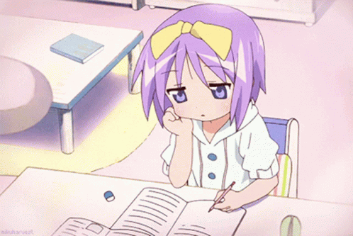 Anime girl studying at desk, tilting head and blinking.