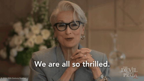 We Are All So Thrilled Miranda Priestly GIF. This 498 x 281 animated GIF is part of our miranda priestly collection. Created by TheDevilWearsPrada2. View…