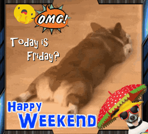 Weekend Friday GIF. This 498 x 453 animated GIF is part of our happy weekend collection. Related themes include friday, weekend. Created by Mannysoriano…