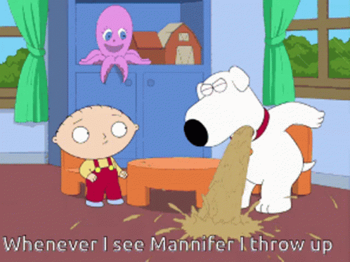 Whenever I See Mannifer I Throw Up GIF. This 498 x 373 animated GIF is part of our family guy vomit collection. Created by Spiderbat36. View the original…