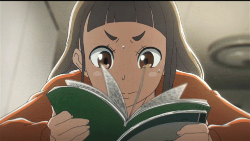 Anime girl reading a green book with focused expression.