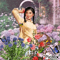 Asian Woman Among The Flowers Butterfly GIF