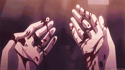 Bloody Hands But Looks Up Confused GIF