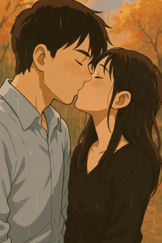 Couple Kissing While Raining Ghibli Hug GIF