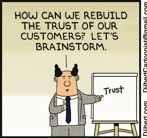 Dilbert Pointy Haired Boss Consumer Trust Shoddy Products Tests Lie Comic Strip GIF