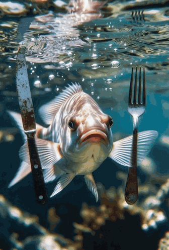Fish With Fork And Knife Licking Lips Underwater GIF