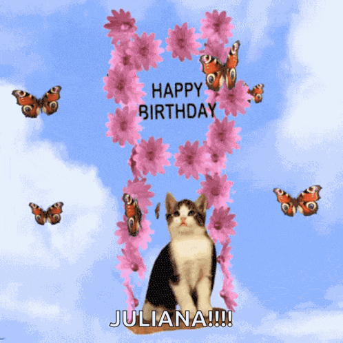 Happy Birthday Kitten Butterflies GIF