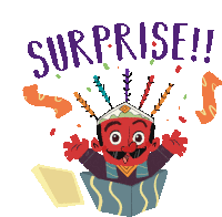 Male Ondel-ondel Leaps Out Of A Box With Caption "Surprise" In English Sticker