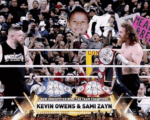 Sami Zayn Kevin Owens Raw And Smackdown Tag Titles Sami Zayn Kevin Owens Wrestlemania 39 GIF