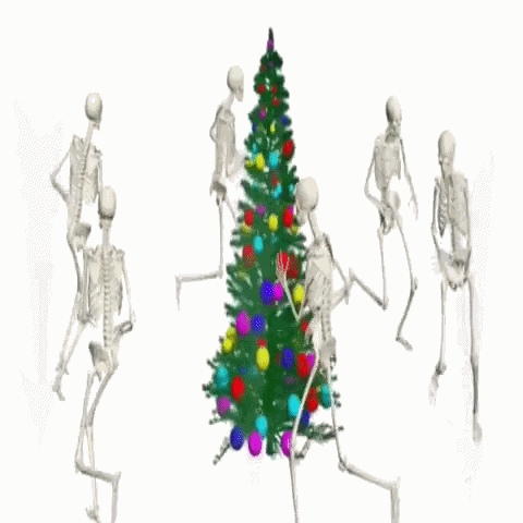 Skeletons Running Around A Christmas Tree GIF