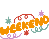 Weekend Weekend In Yellow Bubble Letters With Red Purple And Green Springs And Stars Around Sticker